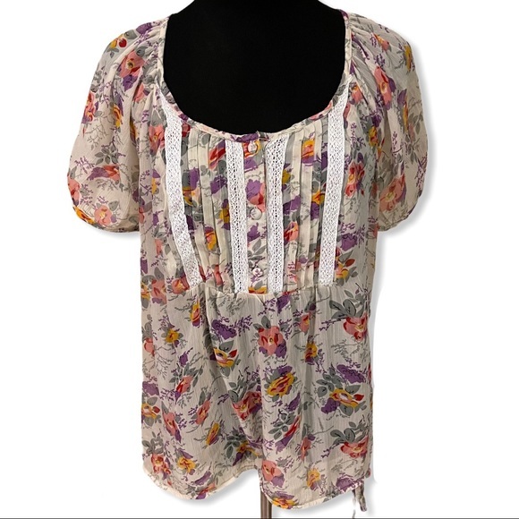 A.N.A. Short Sleeve Peasant Top Floral Sheer Blouse 2X - Picture 2 of 11